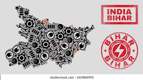 Composition of mosaic power supply Bihar State map and grunge watermarks. Mosaic vector Bihar State map is created with repair and electric symbols. Black and red colors used.