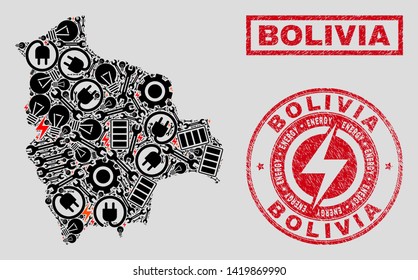 Composition of mosaic power supply Bolivia map and grunge stamps. Mosaic vector Bolivia map is created with tools and lamp elements. Black and red colors used. Concept for power supply services.