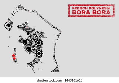 Composition of mosaic power supply Bora-Bora map and grunge watermarks. Collage vector Bora-Bora map is created with tools and power symbols. Black and red colors used.