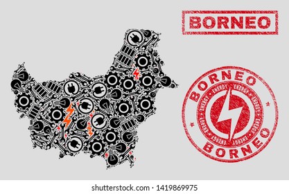 Composition of mosaic power supply Borneo map and grunge stamp seals. Collage vector Borneo map is composed with tools and innovation symbols. Black and red colors used.