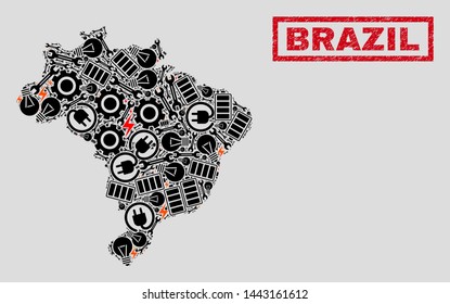 Composition of mosaic power supply Brazil map and grunge stamp seals. Mosaic vector Brazil map is created with equipment and power icons. Black and red colors used.