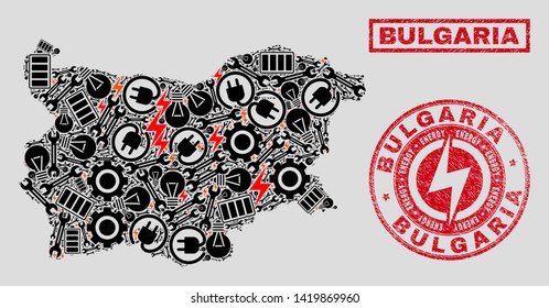 Composition of mosaic power supply Bulgaria map and grunge stamps. Mosaic vector Bulgaria map is designed with tools and electric icons. Black and red colors used. Templates for power supply business.