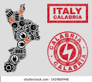 Composition of mosaic power supply Calabria region map and grunge stamps. Collage vector Calabria region map is designed with gear and power icons. Black and red colors used.