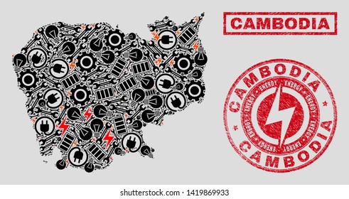 Composition of mosaic power supply Cambodia map and grunge seals. Mosaic vector Cambodia map is created with equipment and power elements. Black and red colors used.