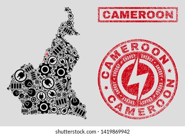 Composition of mosaic power supply Cameroon map and grunge watermarks. Mosaic vector Cameroon map is created with equipment and electricity icons. Black and red colors used.