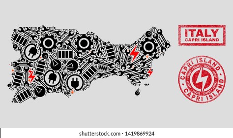 Composition of mosaic power supply Capri Island map and grunge watermarks. Mosaic vector Capri Island map is created with service and innovation icons. Black and red colors used.