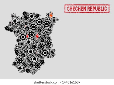 Composition of mosaic power supply Chechen Republic map and grunge stamp seals. Mosaic vector Chechen Republic map is designed with tools and innovation icons. Black and red colors used.