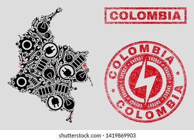 Composition of mosaic power supply Colombia map and grunge stamp seals. Mosaic vector Colombia map is designed with gear and electric icons. Black and red colors used.