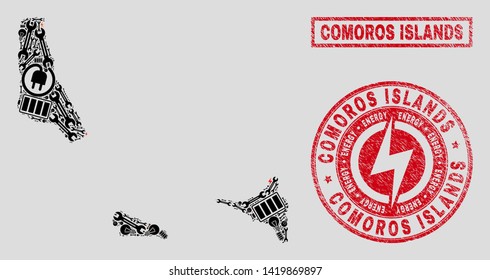 Composition of mosaic power supply Comoros Islands map and grunge seals. Mosaic vector Comoros Islands map is designed with gear and lamp elements. Black and red colors used.