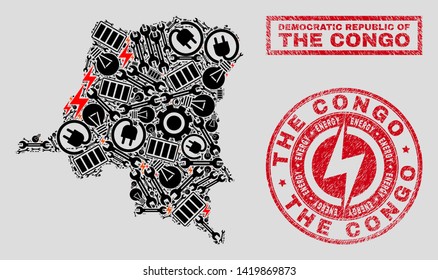 Composition of mosaic power supply Democratic Republic of the Congo map and grunge stamp seals. Mosaic vector Democratic Republic of the Congo map is composed with gear and lamp icons.