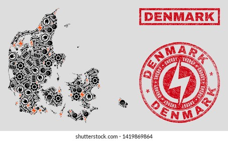 Composition of mosaic power supply Denmark map and grunge stamp seals. Mosaic vector Denmark map is created with workshop and innovation icons. Black and red colors used.