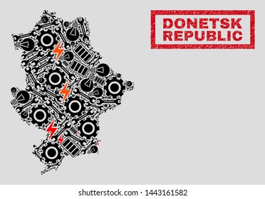 Composition of mosaic power supply Donetsk Republic map and grunge seals. Mosaic vector Donetsk Republic map is composed with tools and power symbols. Black and red colors used.