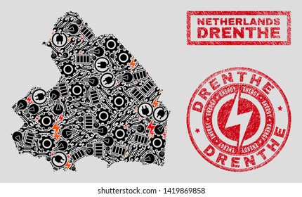Composition of mosaic power supply Drenthe Province map and grunge stamps. Mosaic vector Drenthe Province map is created with gear and power symbols. Black and red colors used.