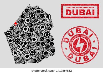 Composition of mosaic power supply Dubai Emirate map and grunge stamp seals. Mosaic vector Dubai Emirate map is created with gear and lamp symbols. Black and red colors used.
