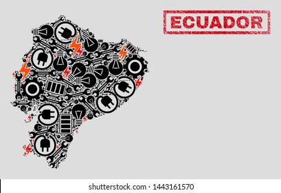 Composition of mosaic power supply Ecuador map and grunge stamps. Collage vector Ecuador map is composed with repair and energy icons. Black and red colors used. Abstraction for power supply business.