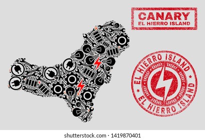 Composition of mosaic power supply El Hierro Island map and grunge watermarks. Mosaic vector El Hierro Island map is composed with service and innovation elements. Black and red colors used.