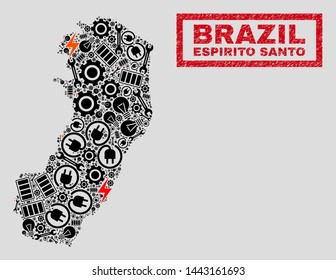 Composition of mosaic power supply Espirito Santo State map and grunge seals. Mosaic vector Espirito Santo State map is designed with equipment and electric symbols. Black and red colors used.