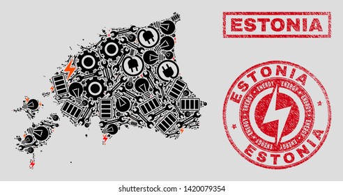 Composition of mosaic power supply Estonia map and grunge stamps. Mosaic vector Estonia map is composed with gear and lamp elements. Black and red colors used.