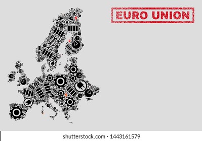 Composition of mosaic power supply Euro Union map and grunge stamp seals. Mosaic vector Euro Union map is created with service and power symbols. Black and red colors used.