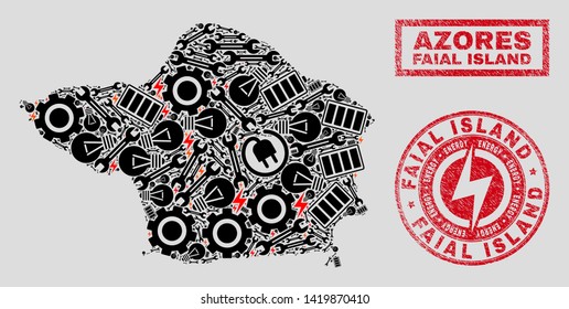 Composition of mosaic power supply Faial Island map and grunge stamp seals. Mosaic vector Faial Island map is created with hardware and power icons. Black and red colors used.