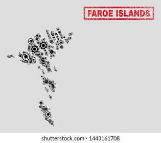 Composition of mosaic power supply Faroe Islands map and grunge seals. Mosaic vector Faroe Islands map is designed with repair and innovation elements. Black and red colors used.