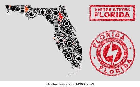 Composition of mosaic power supply Florida State map and grunge stamps. Collage vector Florida State map is created with service and power symbols. Black and red colors used.