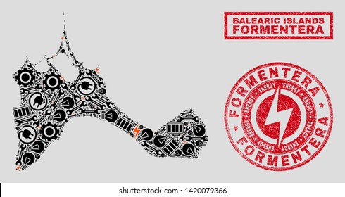 Composition of mosaic power supply Formentera Island map and grunge seals. Mosaic vector Formentera Island map is created with hardware and lamp icons. Black and red colors used.