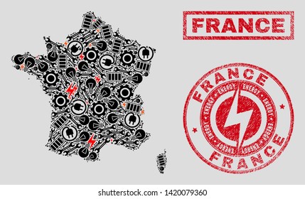 Composition of mosaic power supply France map and grunge stamps. Mosaic vector France map is composed with service and electricity elements. Black and red colors used.