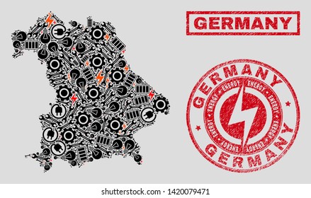 Composition of mosaic power supply Germany map and grunge stamp seals. Mosaic vector Germany map is designed with service and electricity icons. Black and red colors used.