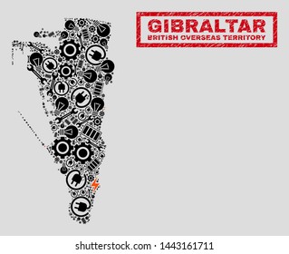 Composition of mosaic power supply Gibraltar map and grunge seals. Collage vector Gibraltar map is composed with tools and bulb icons. Black and red colors used. Abstraction for power supply services.