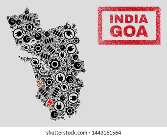 Composition of mosaic power supply Goa State map and grunge watermarks. Mosaic vector Goa State map is composed with repair and electric symbols. Black and red colors used.