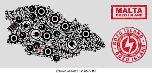 Composition of mosaic power supply Gozo Island map and grunge seals. Mosaic vector Gozo Island map is composed with gear and electricity elements. Black and red colors used.