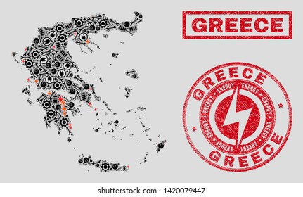 Composition of mosaic power supply Greece map and grunge watermarks. Mosaic vector Greece map is designed with workshop and bulb icons. Black and red colors used. Templates for power supply business.