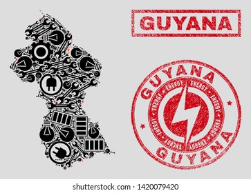 Composition of mosaic power supply Guyana map and grunge seals. Mosaic vector Guyana map is created with service and electric icons. Black and red colors used. Abstraction for power supply business.