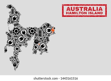 Composition of mosaic power supply Hamilton Island map and grunge seals. Mosaic vector Hamilton Island map is designed with workshop and innovation symbols. Black and red colors used.