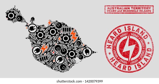 Composition of mosaic power supply Heard and McDonald Islands map and grunge seals. Collage vector Heard and McDonald Islands map is created with tools and power elements. Black and red colors used.