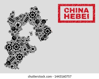 Composition of mosaic power supply Hebei Province map and grunge stamp seals. Mosaic vector Hebei Province map is designed with equipment and power icons. Black and red colors used.