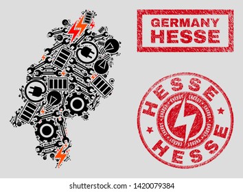 Composition of mosaic power supply Hesse Land map and grunge stamps. Collage vector Hesse Land map is created with workshop and electric symbols. Black and red colors used.