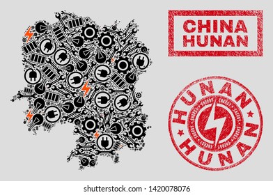 Composition of mosaic power supply Hunan Province map and grunge stamps. Mosaic vector Hunan Province map is composed with repair and electricity symbols. Black and red colors used.
