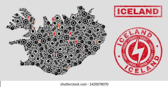 Composition of mosaic power supply Iceland map and grunge stamp seals. Collage vector Iceland map is composed with hardware and innovation icons. Black and red colors used.