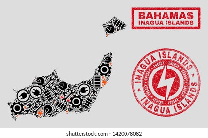 Composition of mosaic power supply Inagua Islands map and grunge stamp seals. Mosaic vector Inagua Islands map is designed with service and electric icons. Black and red colors used.