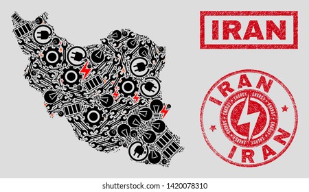 Composition of mosaic power supply Iran map and grunge watermarks. Mosaic vector Iran map is designed with repair and power icons. Black and red colors used. Abstract images for power supply services.