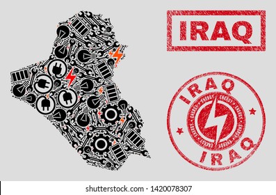 Composition of mosaic power supply Iraq map and grunge seals. Collage vector Iraq map is designed with gear and power elements. Black and red colors used. Concept for power supply services.