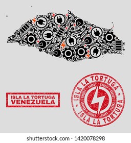 Composition of mosaic power supply Isla La Tortuga map and grunge stamps. Mosaic vector Isla La Tortuga map is created with workshop and lamp symbols. Black and red colors used.