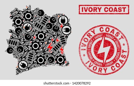 Composition of mosaic power supply Ivory Coast map and grunge watermarks. Mosaic vector Ivory Coast map is designed with service and energy icons. Black and red colors used.