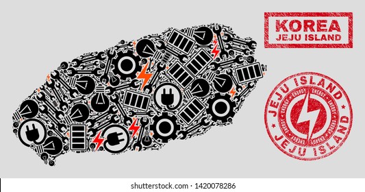 Composition of mosaic power supply Jeju Island map and grunge watermarks. Collage vector Jeju Island map is composed with service and power elements. Black and red colors used.