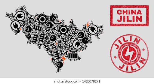 Composition of mosaic power supply Jilin Province map and grunge watermarks. Collage vector Jilin Province map is composed with workshop and power symbols. Black and red colors used.