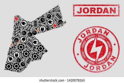 Composition of mosaic power supply Jordan map and grunge seals. Mosaic vector Jordan map is created with repair and power icons. Black and red colors used. Templates for power supply services.