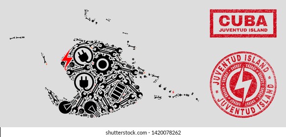 Composition of mosaic power supply Juventud Island map and grunge seals. Mosaic vector Juventud Island map is created with repair and electric elements. Black and red colors used.