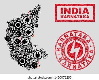 Composition of mosaic power supply Karnataka State map and grunge seals. Mosaic vector Karnataka State map is created with gear and innovation icons. Black and red colors used.